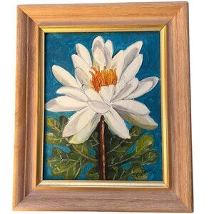 Vtg Framed Hand-Painted Water Lily Art on Canvas Panel, Signed & Dated, Acrylic